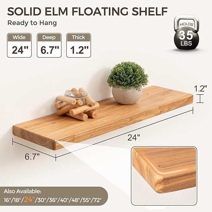 Fun Memories 24 Inch Floating Shelves, Solid Elm Wood Wall Shelf for Home Decor, Rustic Bathroom Shelves Set of 2, Heavy-Duty