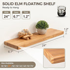 Fun Memories 24 Inch Floating Shelves, Solid Elm Wood Wall Shelf for Home Decor, Rustic Bathroom Shelves Set of 2, Heavy-Duty