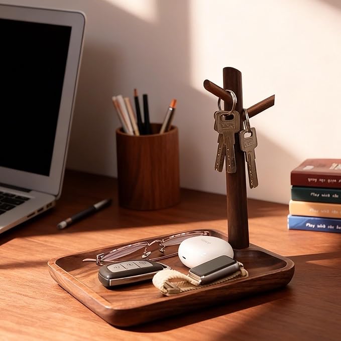 Solid Black Walnut Wooden Key Tray, Multi-Functional Key Bowl for Entryway Table, Key Holder Stand equipped with 3 Hooks, Woo