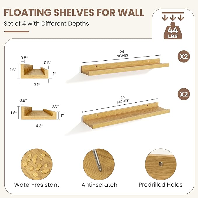 Fun Memories Picture Ledge Shelf, Floating Shelves Set of 4, 24 Inch Picture Shelves for Wall with Ledge, Large Nursery Book 