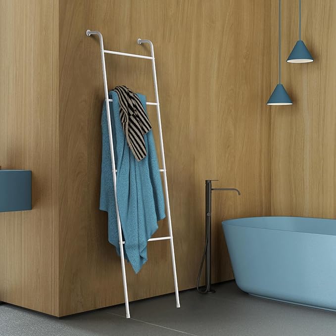 Blanket Ladder Decorative Towel Rack Holder for Bathroom, Wall Leaning Metal Drying Quilt Stand for Living Room Bedroom Farmh