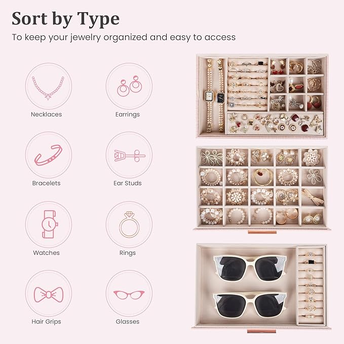 Dajasan Jewelry Box Organizer, 3-Tier Jewelry Storage Organizer with 2 Drawers, Large Jewelry Box for Girls Women, PU Leather