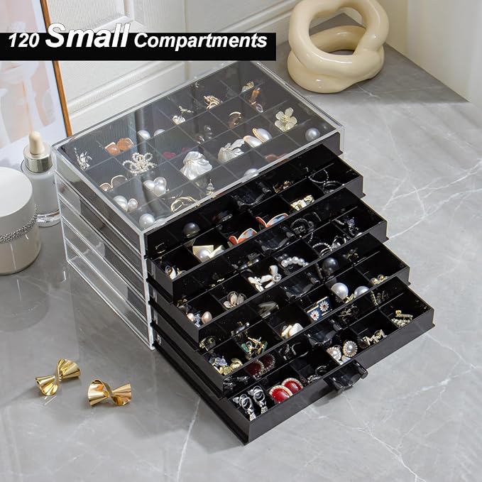 YUFONG Earring Storage Box Organizer, Acrylic Jewelry Storage Box Holder 5 Drawers Transparent Jewelry Display Stand with 120