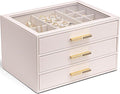 Vlando Jewelry Box for Women, Glass Lid Jewelry Organizer with 3 Drawers for Necklaces Rings Earrings Bracelets - Light Pink
