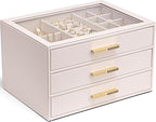 Vlando Jewelry Box for Women, Glass Lid Jewelry Organizer with 3 Drawers for Necklaces Rings Earrings Bracelets - Light Pink