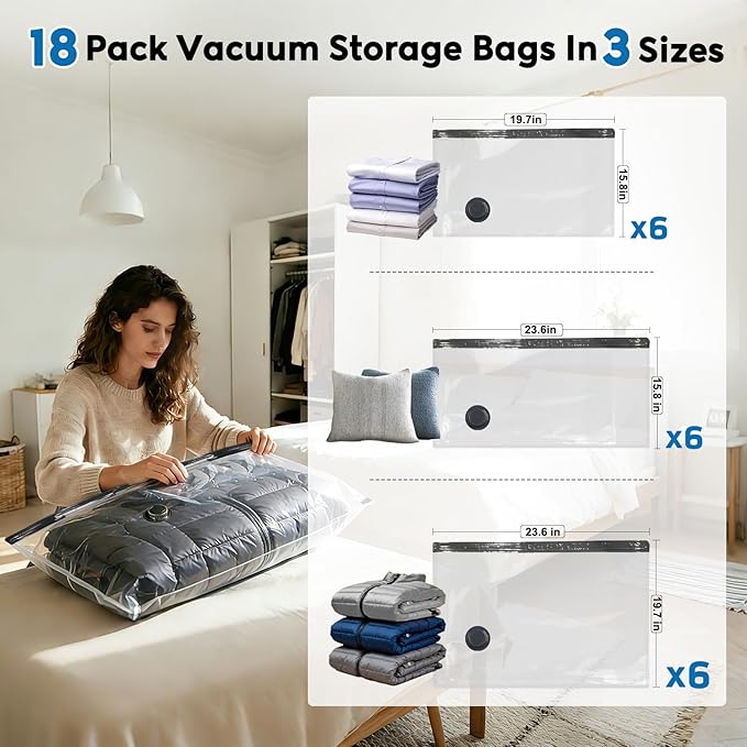 Mapambo Travel Vacuum Bags with -60000Pa LED Electric Pump, 18 Pack Vacuum Seal Bags for Clothing Travel in 3 Combo sizes, Sp