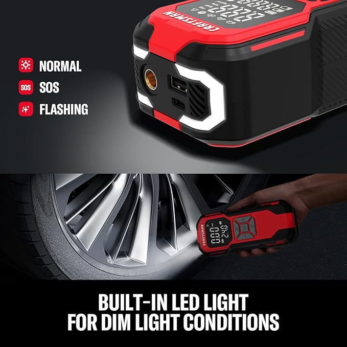 Craftsman Tire Inflator Portable Air Compressor - 20V Cordless Air Pump for Car Tires, 150PSI Upgrade High-Capacity Battery, Auto Shutoff Portable Tire Inflator for Car, LED Gauge & 12V DC Corded