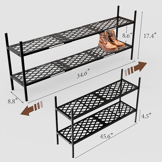 Shoe Rack, Expandable Shoes Organizer Metal Shelf Stand, 2 Tier Stackable Long Shoe Storage Holder For Closet, Floor, Entrywa
