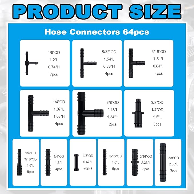6PCS 5Ft Silicone Vacuum Hose Automotive Kit,ID 3/8",5/16",1/4",3/16",5/32",1/8" Vacuum Lines Automotive with Tee/Straight/Re