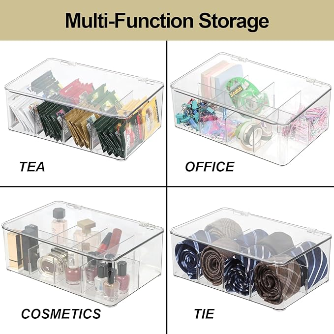 ZEXALOR Plastic Clear Storage Containers, Set of 2 Tea Bag Organizer Boxes 8 Compartments with Lids, Underwear Tie Drawer Org