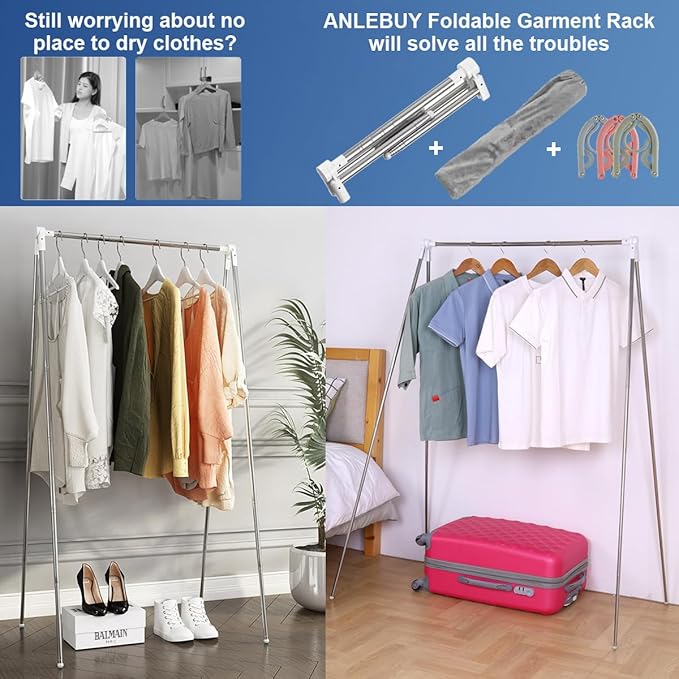 Portable Garment Rack, Folding Clothes Rack, Collapsible Clothing Rack for Dance, Travel, Camping, Laundry, Indoor, Outdoor, 