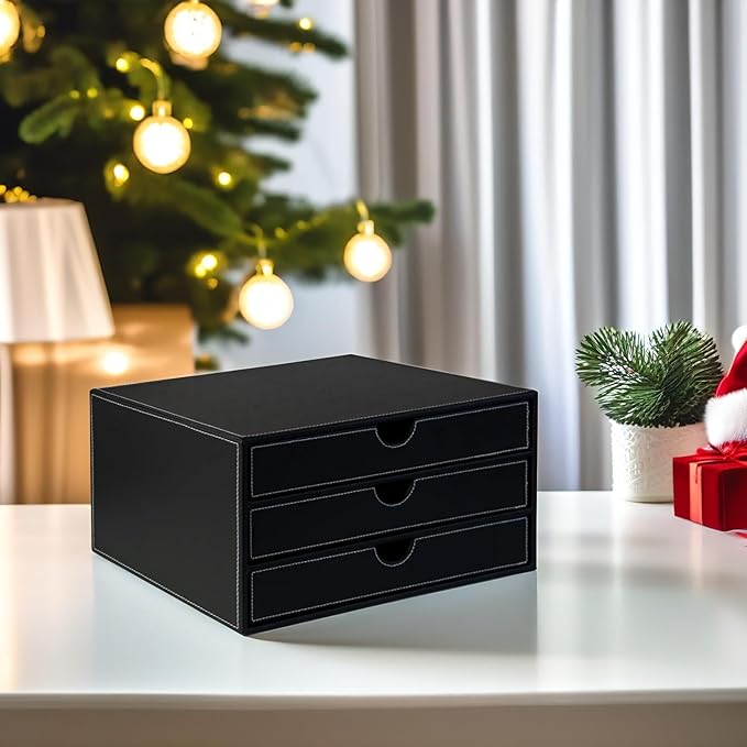 UnionBasic Document Organizer, 3-Drawer File Cabinet Document Storage Box, Office Desktop Filing Organizer, Black with White 