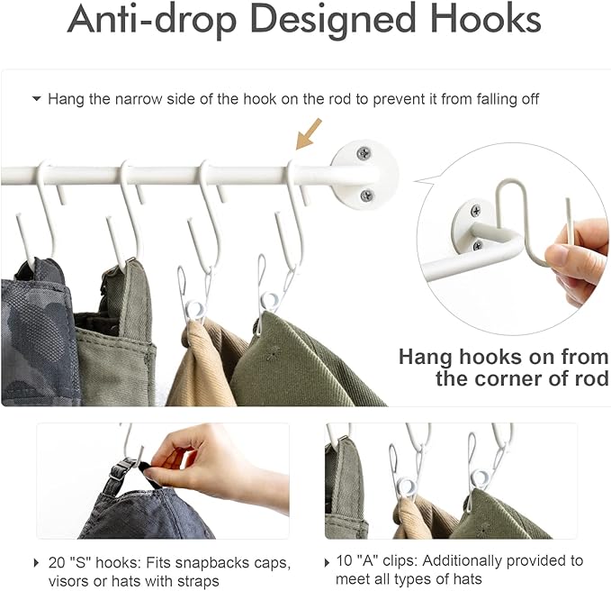 Mkono Hat Rack for Wall Baseball Cap Organizer Hanger with 20 Hooks Modern Metal Hat Holder Wall-Mounted Caps Display for Clo