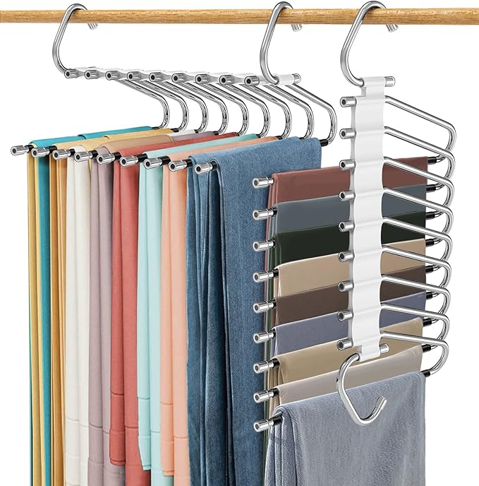 Upgrade 9 Layers Pants Hangers Space Saving, 2 Pack Multifunctional Pants Rack Non Slip Stainless Steel Clothes Space Saver H