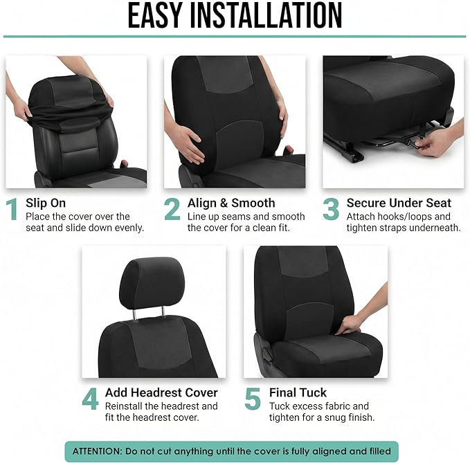 FH Group Flat Cloth Full Set Car Seat Covers Three Row 7 Seater - Universal Fit for Cars, Trucks & SUVs (Solid Black)