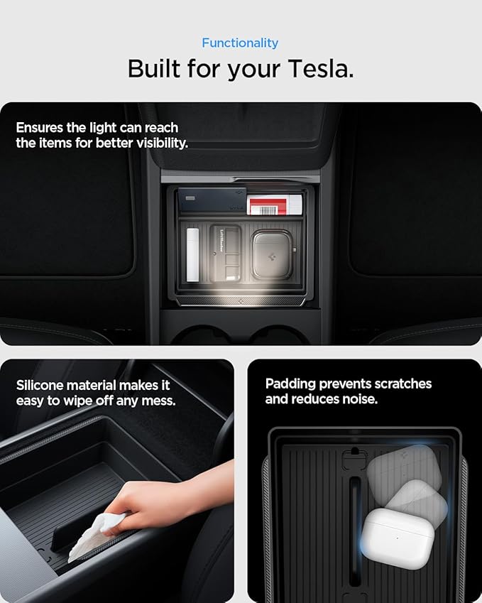 Spigen Center Console and Armrest Organizer for Tesla Model Y Juniper (Only Premium & Performance 2025/2026) and Model 3 Highland (Standard, Premium & Performance 2024/25/26)
