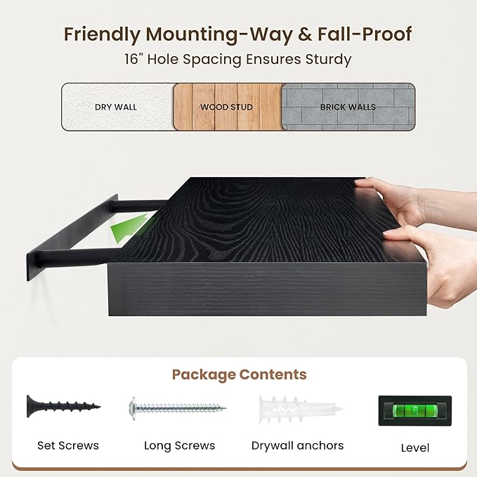 72 Inch Floating Shelves | 12 Inch Deep Black Floating Shelves Set of 2 | 72" W x 12" D Rustic Black Wood Wall Shelves for Ba