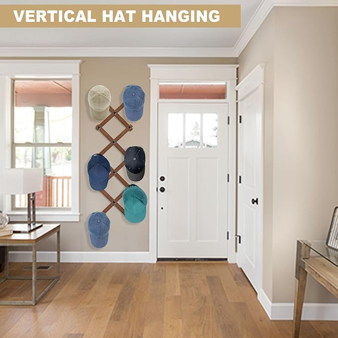 WGFKVAS 2 Pack Accordion Hat Rack for Wall - Expandable Coat Rack Wall Mount with 14 Pegs - Wood Wall Hanger for Baseball Cap