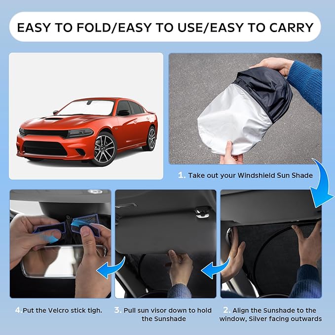 Sun Shade Sunshade for Dodge Charger 2011-2024 2025 Windshield Cover, 4-Layers Sun Shield 250T Silver Sun Visor Foldable Window Shade for Charger Blocks UV Rays Cooler Car Accessories