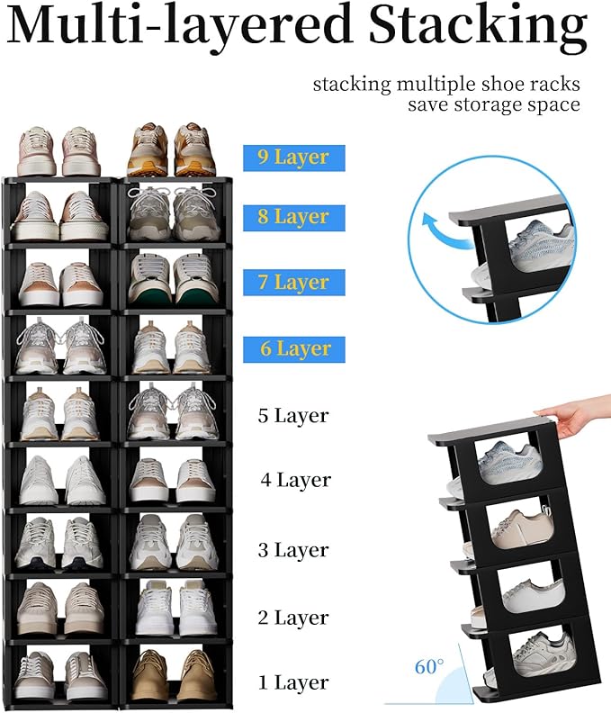 HAIXIN Shoe Organizer Rack for Small Spaces 5 Tier Plastic Vertical Narrow Shelves for Closet Black Shoe Holder, Stand for En