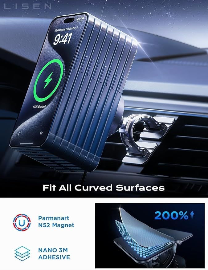 LISEN 15W MagSafe Car Mount Charger,Travel MagSafe Charger,Wireless Car Charger,Magnetic Phone Holder for Car,Phone Holders for Your Car Accessories for Women Men Jeep Ford for iPhone 17-12,Samsung