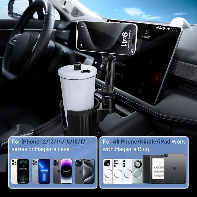 This Hill Magnetic Cup Holder Phone Mount, Compatible with MagSafe, 4.1" Base Adjustable Height Car Cup Holder Compatible wit