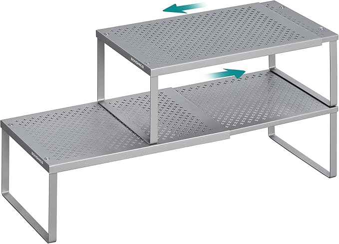 SONGMICS Spice Racks, Set of 2 Expandable Kitchen Countertop Shelves, Small Cupboard Organizers, Metal, Space-Saving Tabletop