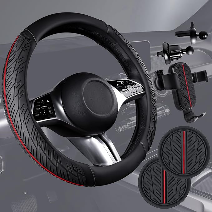 CAR PASS Leather Rubber Steering Wheel Cover Set,Tire Tread Pattern Design,Non-Slip Wear-Resistant,Equipped with Mobile Phone Holder and Non-Slip Cup Mat,Suitable for Steering Wheel 14.5-15”Black Red