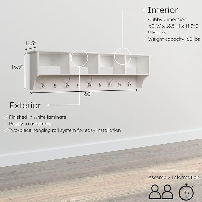 Prepac 60" Contemporary Wall Mounted Coat Rack, Coat Hooks Wall Mount with 4 Shelves, Ideal for Hallway or Entryway Storage S