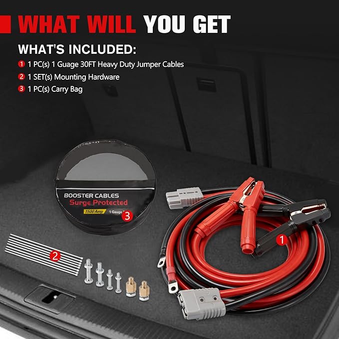 FIERYRED 1 Gauge 30 FT Quick Connect Jumper Cables, 1000A Heavy Duty Booster Cables with Travel Bag, Heavy Duty Battery Jumper Cable for Truck, Diesel Trucks, SUV and Car