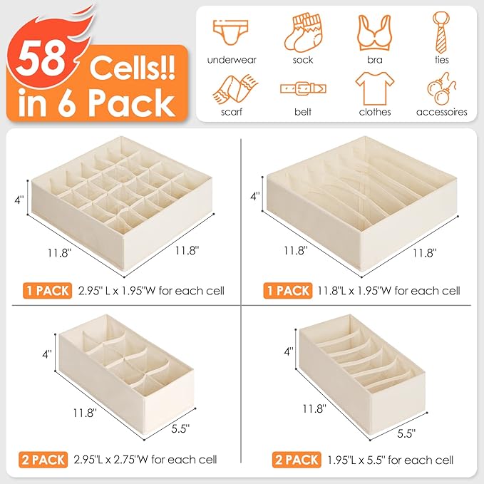 Criusia 6 Pack Sock Underwear Drawer Organizer Dividers, 58 Cell Foldable Fabric Dresser Closet Organizers and Storage Bins f