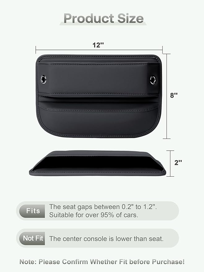Premium Leather Car Seat Gap Filler Organizer (0.2”-1.2" Gaps), Clever Gifts for Car SUV Truck Owners (Black, 2 Pack)