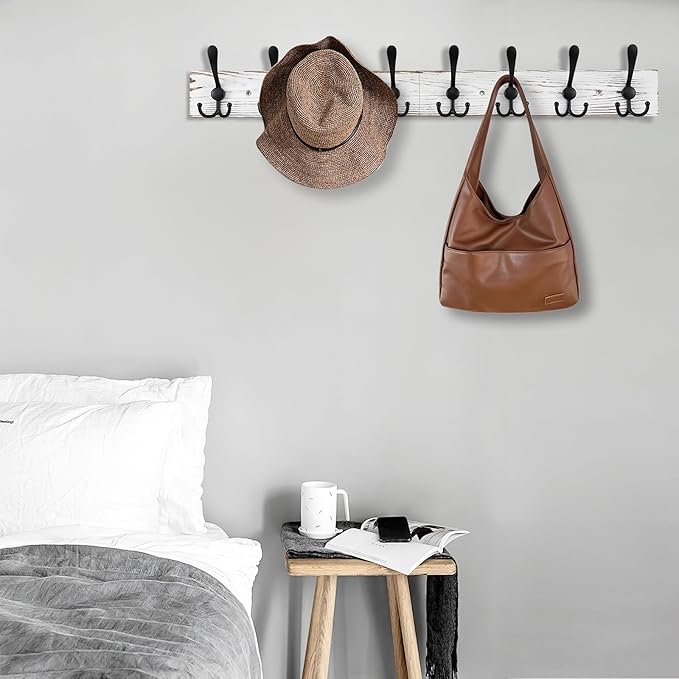 Kuhome 32.2'' Large Coat Rack Wall Mount Coat Hooks with 8 Metal Black Triple-Hooks Old White Pine Real Wood Plank Hat Rack f