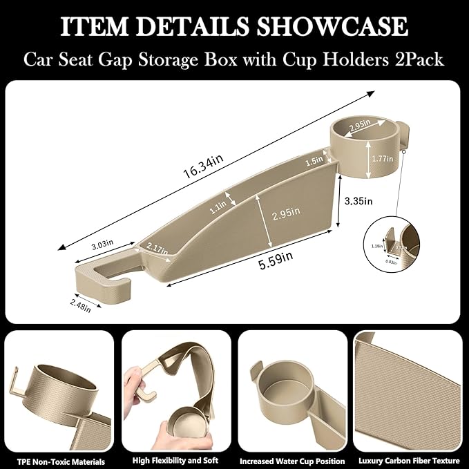 Car Seat Gap Filler Set of 2, Upgraded Car Side Seat Gap Fillers with Organizer, Cup Holder & Hook Function, Inserts Between Front Seats Console Catcher 4in1 Gap Stopper Fill Plug Storage Box (Beige)