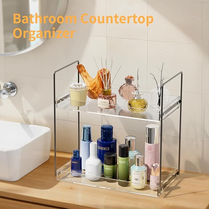Bathroom Countertop Organizer, 2 Tier Acrylic Tray Vanity Counter Skincare Organizer Shelf, Home Storage Holder for Lotion Ma