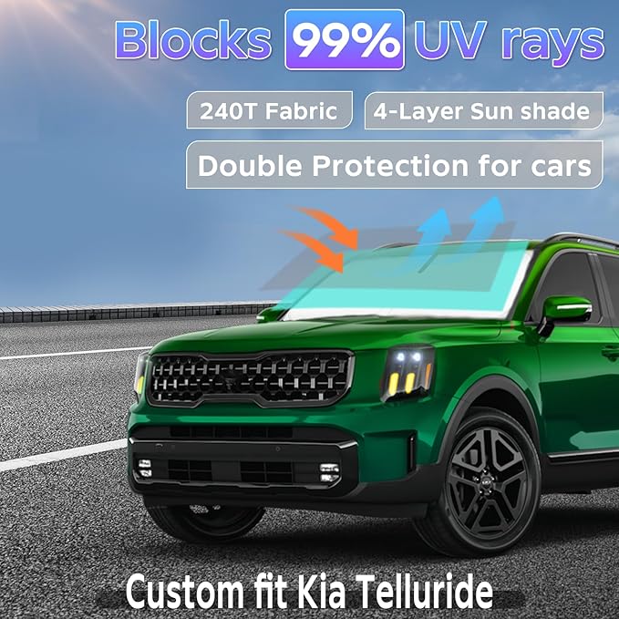 Sun Shade Sunshade for Kia Telluride 2025 2020-2024 Windshield Cover, 4-Layers Sun Shield 250T Silver Sun Visor Foldable Front Window Shade Blocks UV Rays Car Accessories