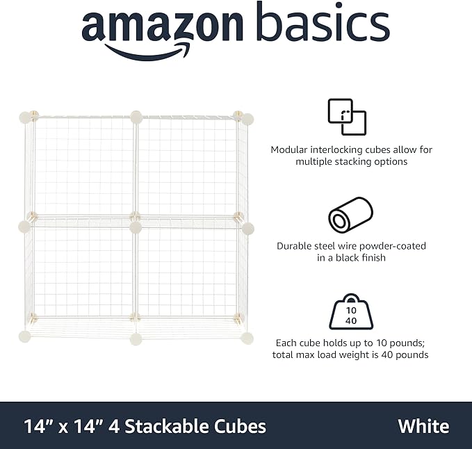 Amazon Basics 4 Cube Wire Grid Storage Organizer, Closet Organizer and Shelves, Stackable, Space-Saving, Easy to Assemble, 14