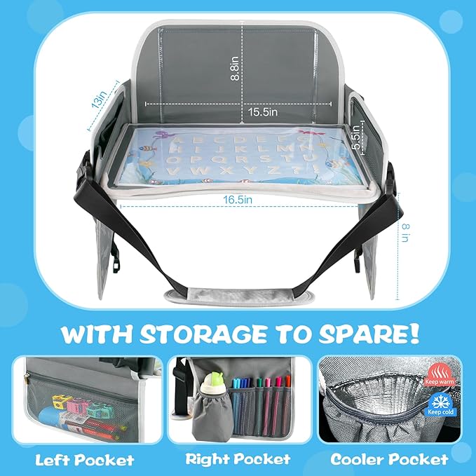 MENZOKE Kids Travel Tray for Boys or Girls, Travel Tray for Kids Car Seat with Tablet Holder, Dry Erase Board & Cooler Cup Ho