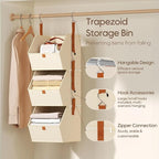 Homsorout Collapsible Hanging Closet Organizer - 3 Tier Closet Shelves Storage System with Hooks, Fabric Hanging Storage Bins
