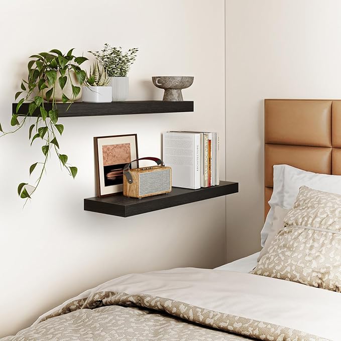 Fixwal Black Floating Shelves for Wall, 22" Long Wall Mounted Rustic Wood Shelves for Living Room, Bedroom, Bathroom and Kitc