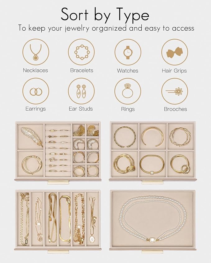 VLANDO 4 Layer Jewelry Box for Women, Mothers Day Gifts for Women, Glass Lid Jewelry Organizer with 4 Drawers for Necklaces R