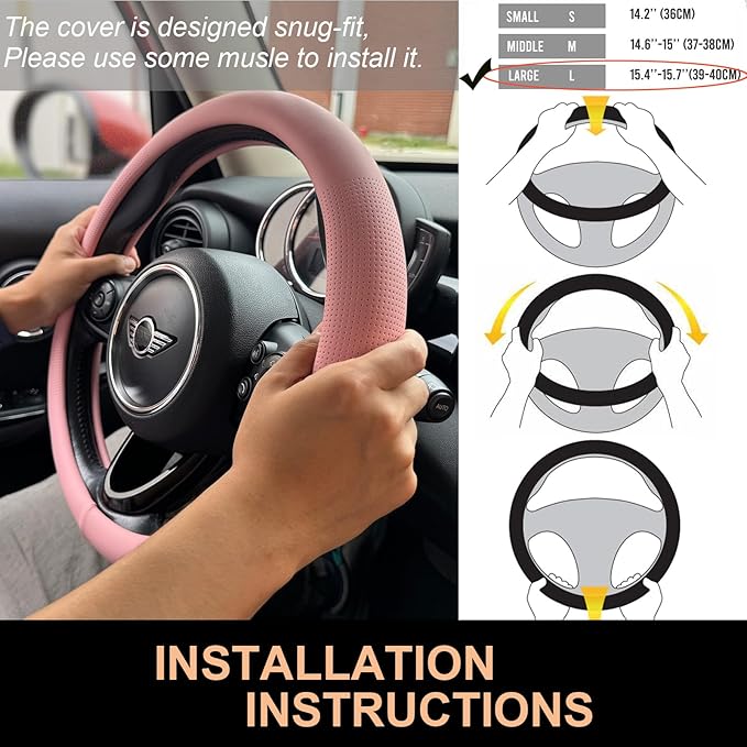 PINCTROT Large Size Nappa Leather Steering Wheel Cover, Slim Fit No Bulk Design, One Piece Leather with Breathable Perforatio