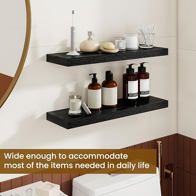 Dreamland 24Inch Floating Shelves for Wall, Rustic Wooden Black Floating Shelves for Bathroom|Bedroom|Kitchen, Deep Wall Moun