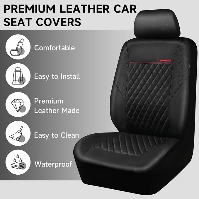 CAR PASS Quilting Faux Leather Seat Covers Full Set, Waterproof Deluxe Premium Seat Cover with 5mm Composite Sponge Inside, A