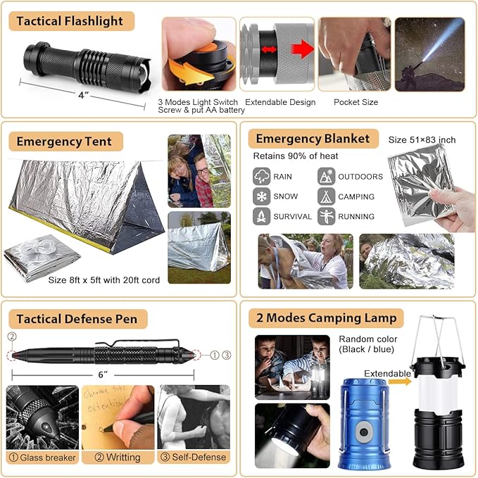 Survival Kit, 250Pcs Survival Gear First Aid Kit with Molle System Compatible Bag and Emergency Tent, Emergency Kit for Earth