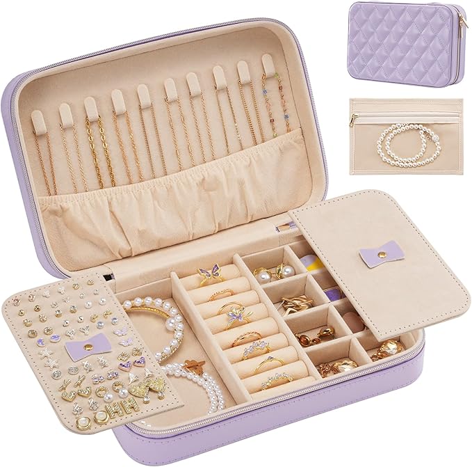 Lolalet Travel Jewelry Case for Women Girls, Travel Jewelry Organizer Box with Mirror & Clear Storage Bag, Small Portable Ear