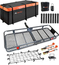 Hitch Mount Cargo Carrier Basket 60"*20"*6"+Waterproof Bag 16 Cubic Feet(58"*19"*24"),and Cargo Net with Attachment Hooks,Ratchet Straps,Hitch Stabilizer.500 Lbs Capacity,foldable,fit 2" Receiver