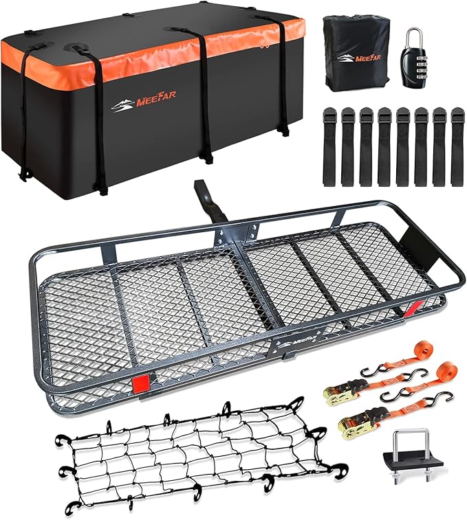 Hitch Mount Cargo Carrier Basket 60"*20"*6"+Waterproof Bag 16 Cubic Feet(58"*19"*24"),and Cargo Net with Attachment Hooks,Ratchet Straps,Hitch Stabilizer.500 Lbs Capacity,foldable,fit 2" Receiver