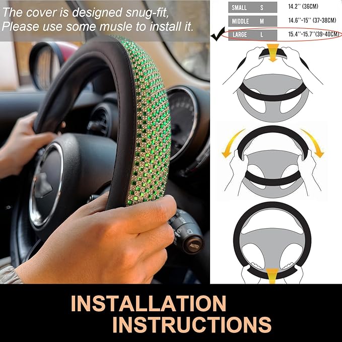 PINCTROT Large Size Bling Comfy Steering Wheel Cover with Jumbo Crystal Rhinestones, Anti-Slip Diamond Leather, 15.5-15.75 Inch (Vivid Green)