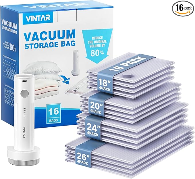 Vacuum Seal Bags for Clothing Travel, VINTAR 16 Pack Vacuum Storage Bags with Rechargeable Wireless Pump, Space Saver Bags(4 